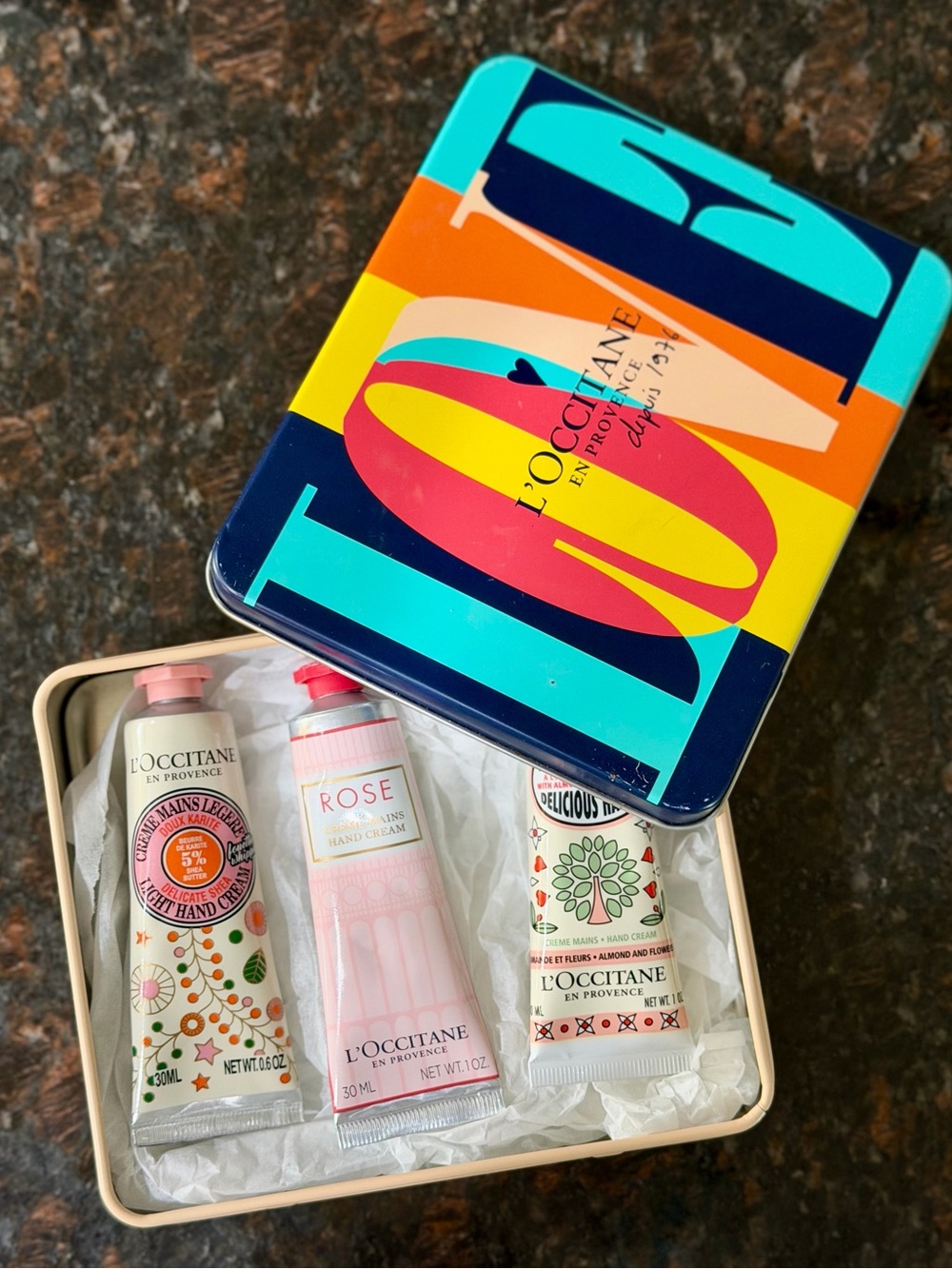 L'OCCITANE limited Edition Hand Creams in collectible LOVE Colorblock Tin